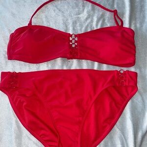 No Boundaries Bright Red Ring-Detail Bandeau Bikini